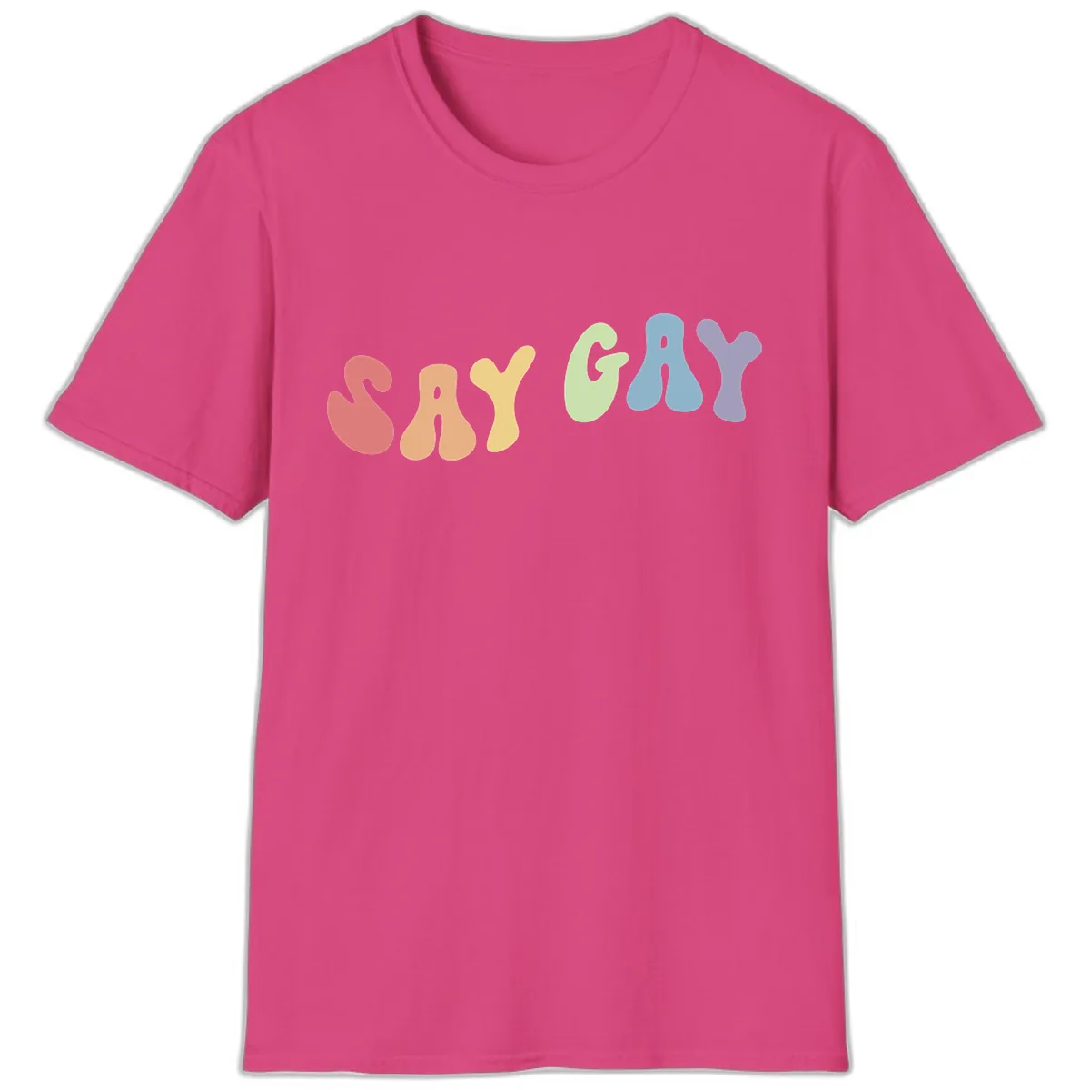 Say Gay Pride Rainbow Letters T-Shirt in Heliconia