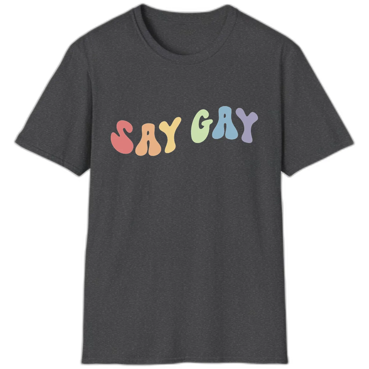 Say Gay Pride Rainbow Letters T-Shirt in Dark Heather