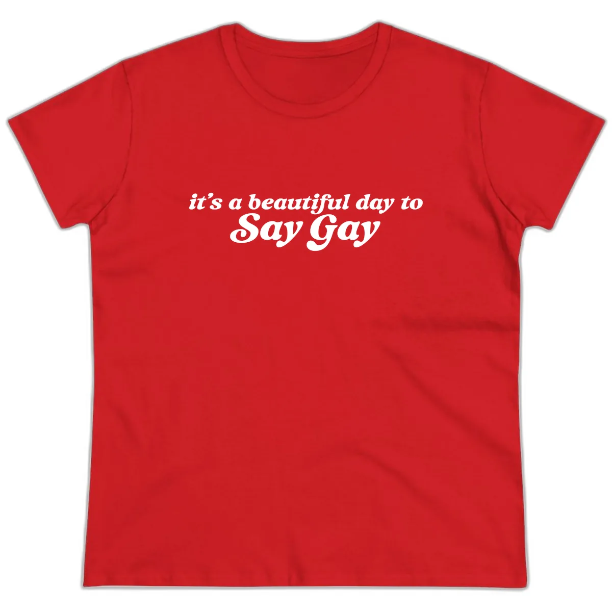 It's A Beautiful Day To Say Gay Ladies Tee in Red