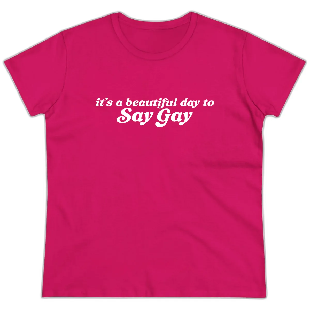 It's A Beautiful Day To Say Gay Ladies Tee in Heliconia