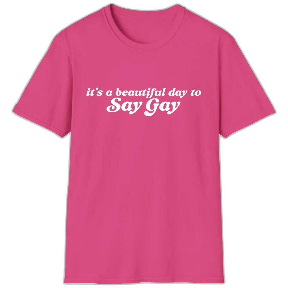 It's A Beautiful Day To Say Gay T-Shirt in Heliconia
