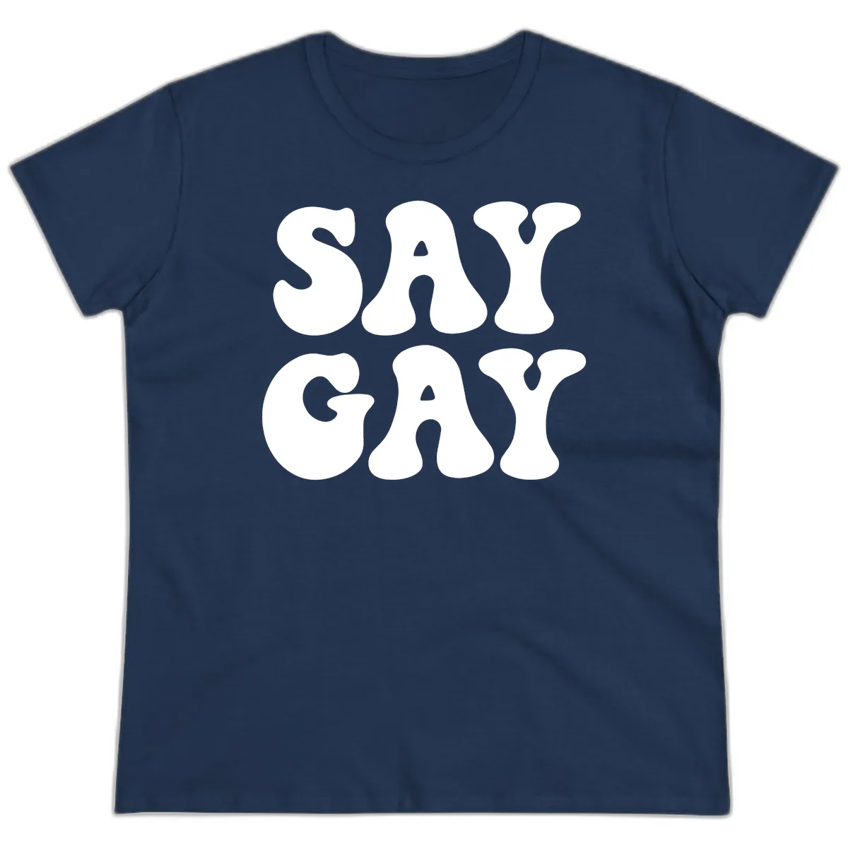 Say Gay Pride Bold Typography Ladies Tee in Navy