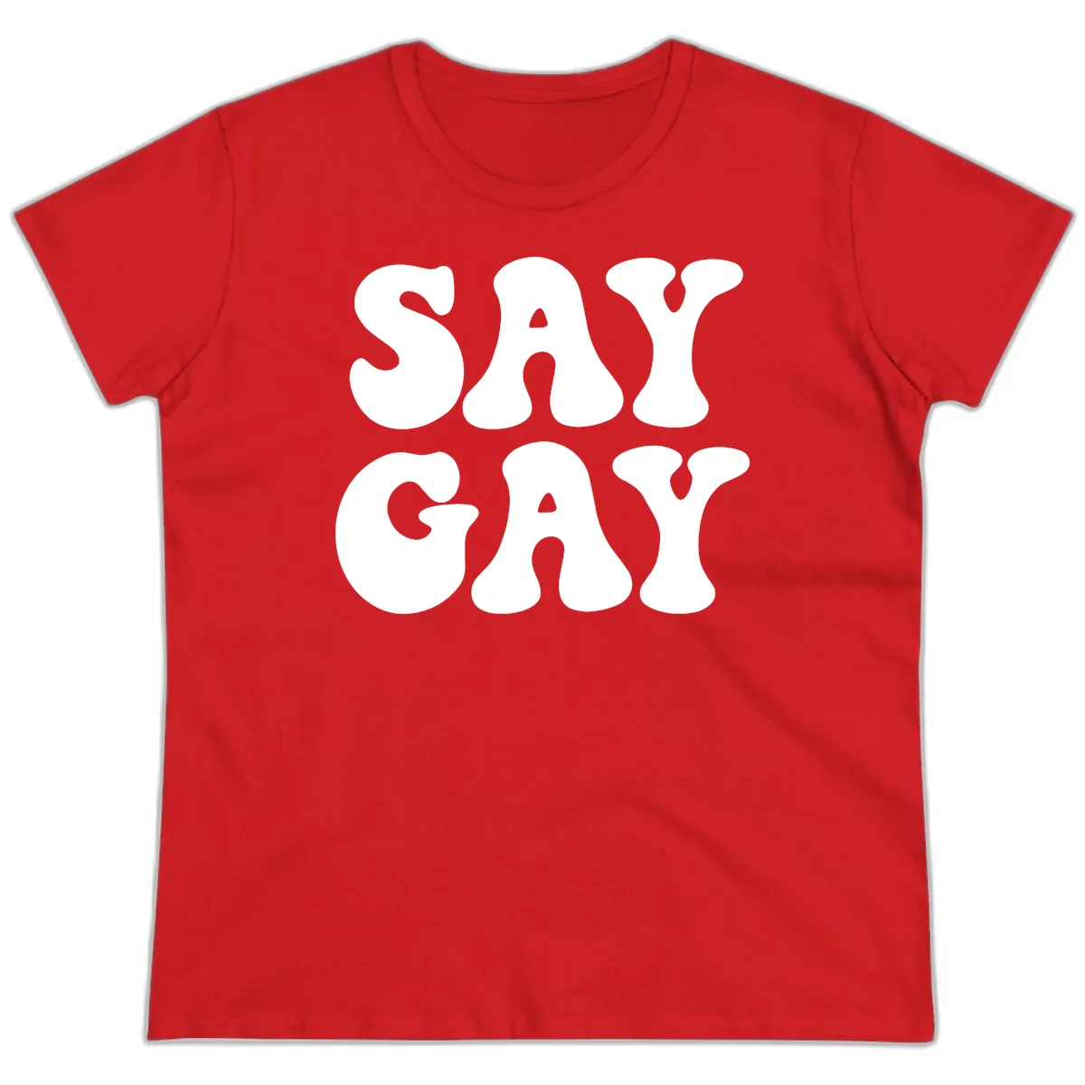 Say Gay Pride Bold Typography Ladies Tee in Red