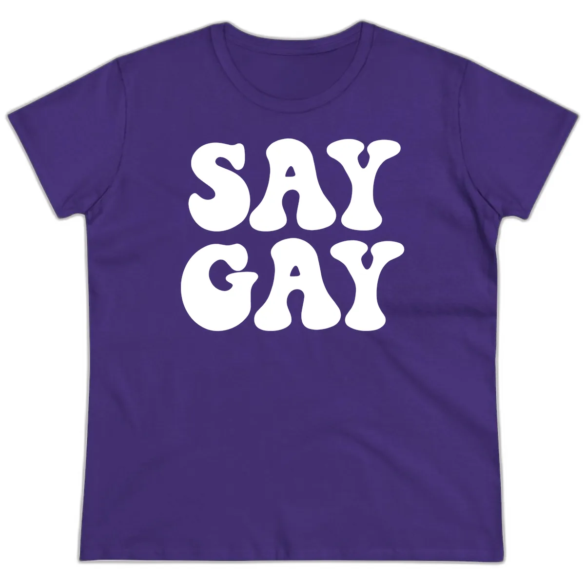 Say Gay Pride Bold Typography Ladies Tee in Purple