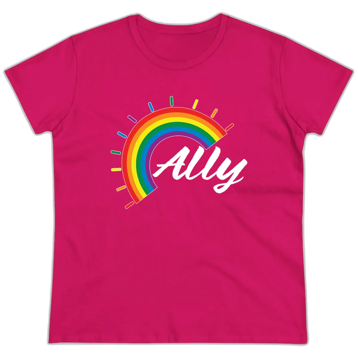 All Pride Rainbow Design Ladies Tee in Heliconia