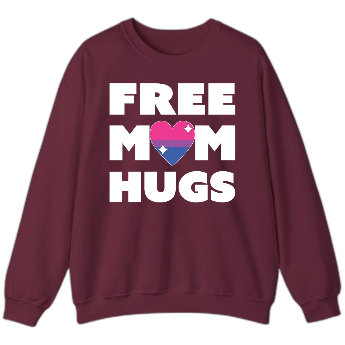 Free Mom Hugs Bisexual Pride Heart Sweatshirt in Maroon