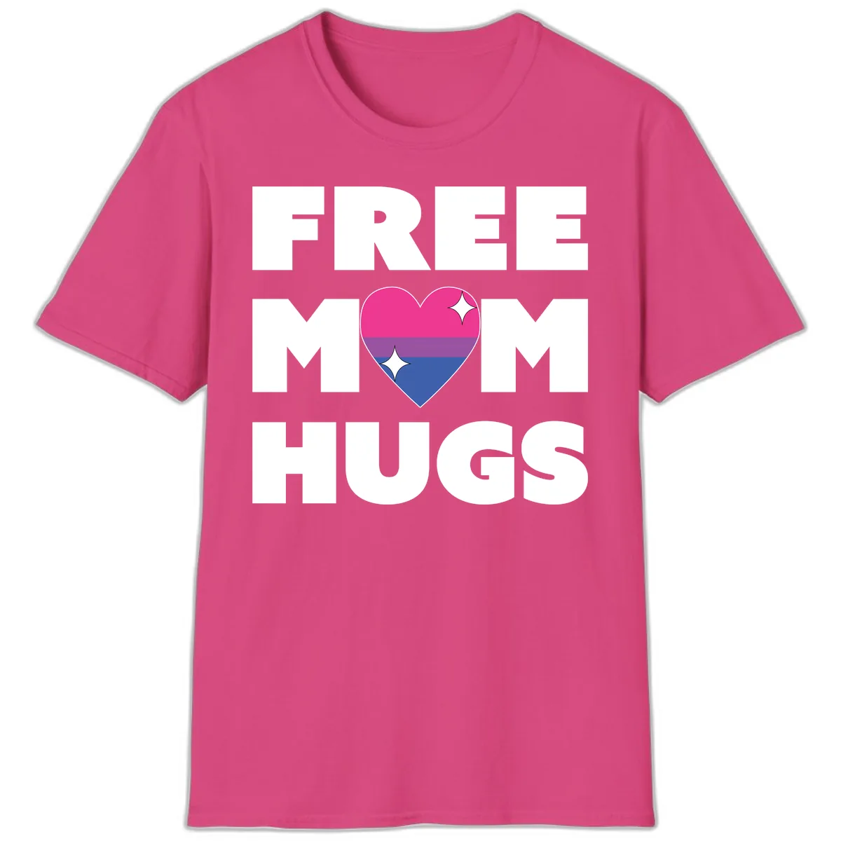 Free Mom Hugs Bisexual Pride Heart T-Shirt in Heliconia