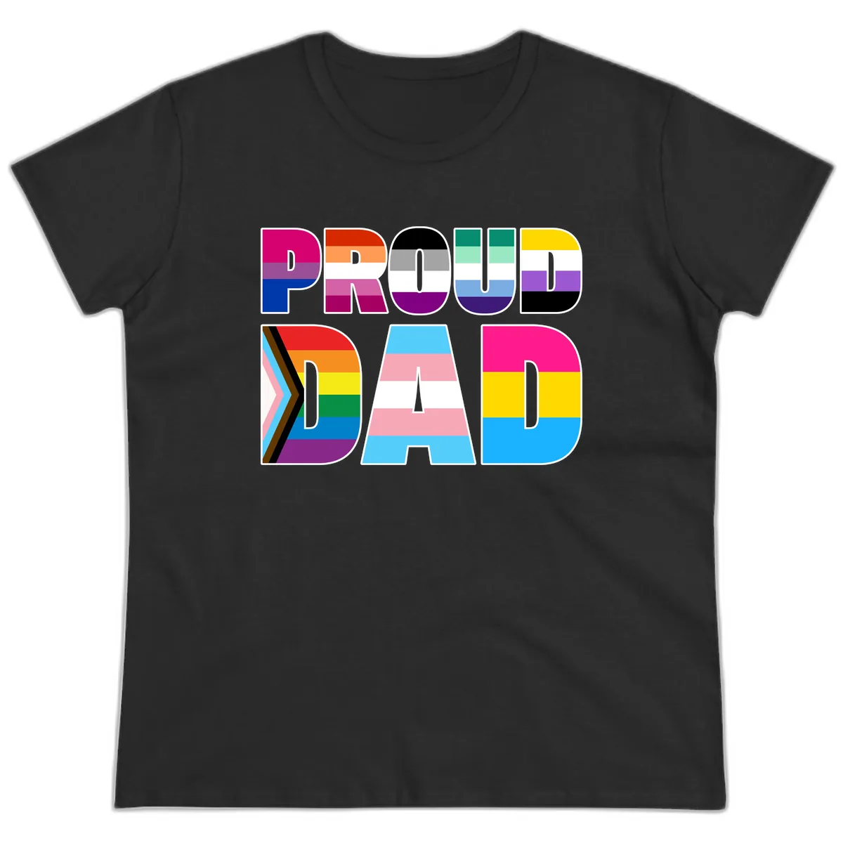 Pride Dad Colorful Letters Ladies Tee in Black