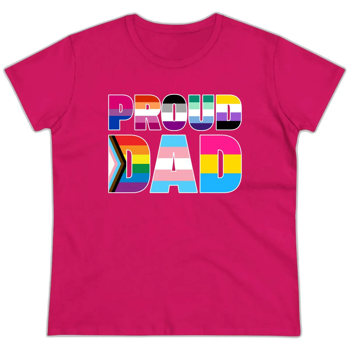 Pride Dad Colorful Letters Ladies Tee in Heliconia