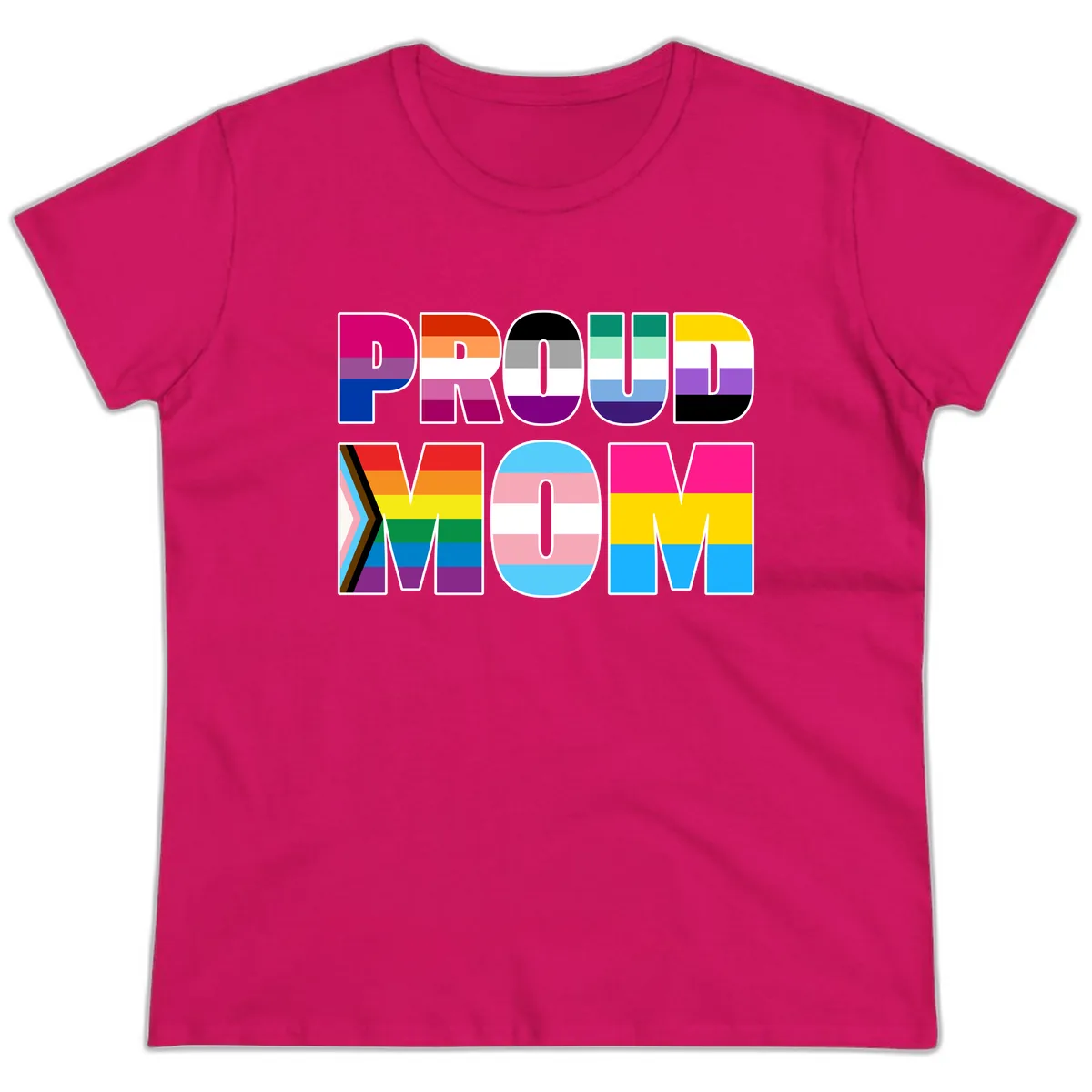 Proud Moments Rainbow Typography Ladies Tee in Heliconia