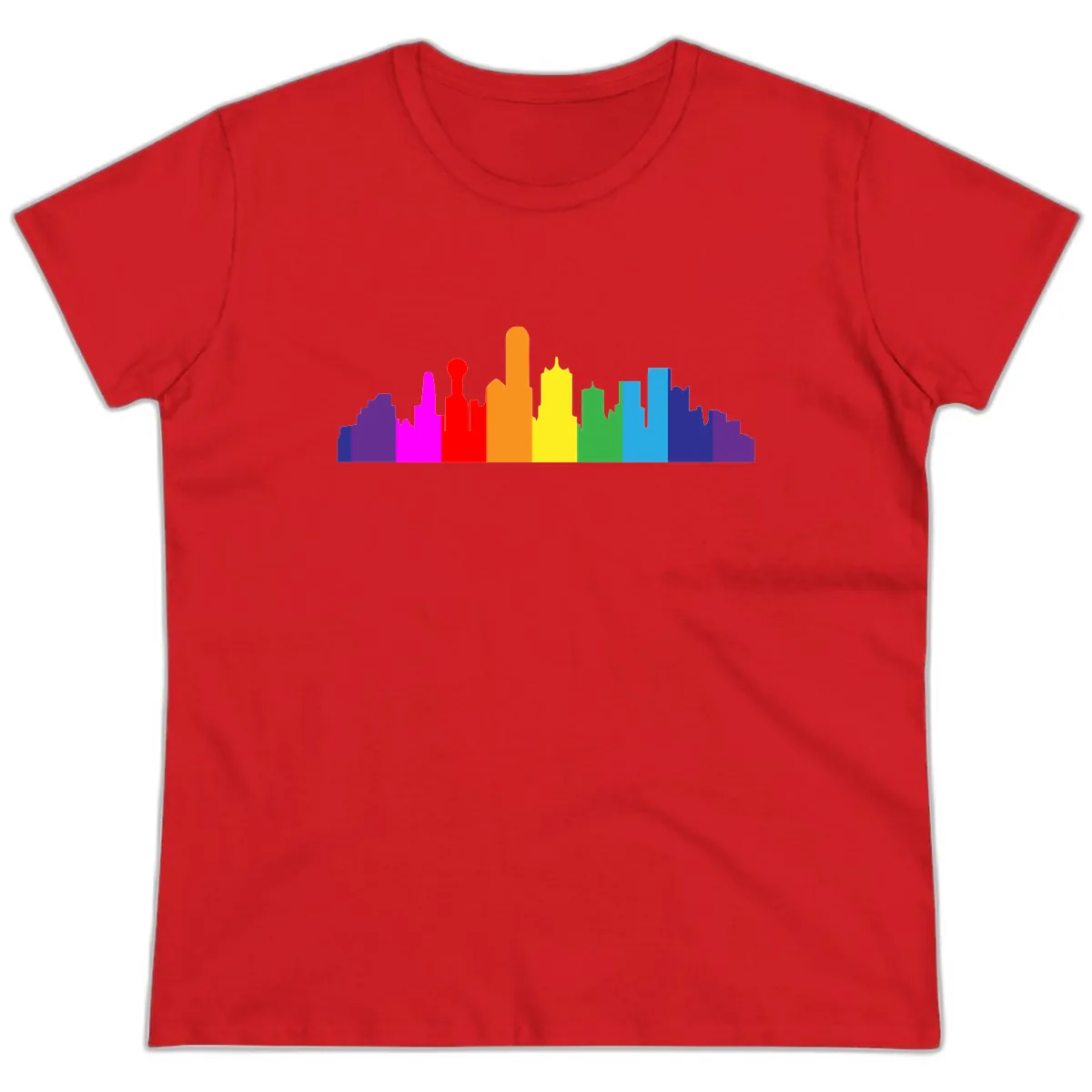 Rainbow City Skyline Pride Ladies Tee in Red