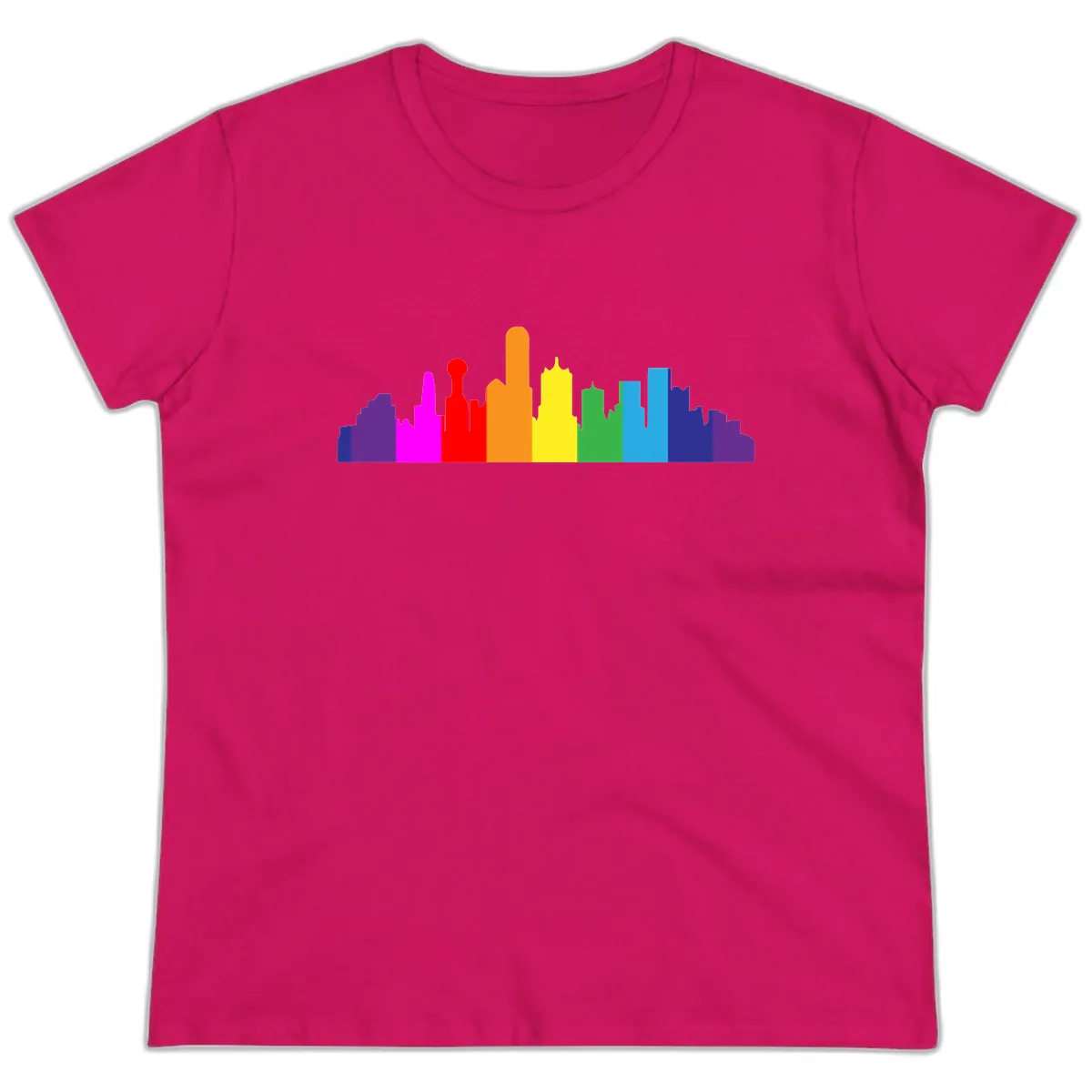 Rainbow City Skyline Pride Ladies Tee in Heliconia
