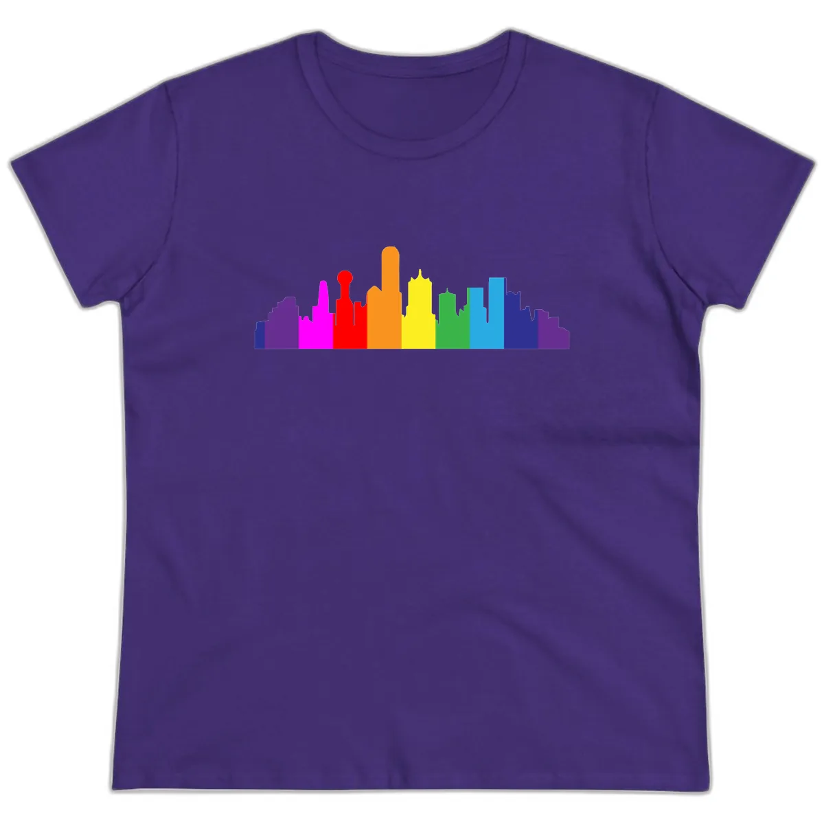 Rainbow City Skyline Pride Ladies Tee in Purple