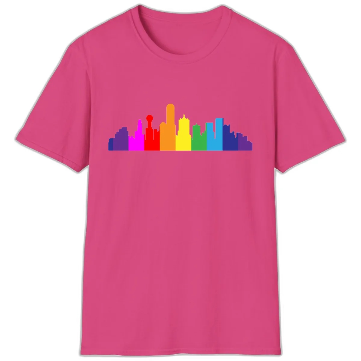 Rainbow City Skyline Pride T-Shirt in Heliconia