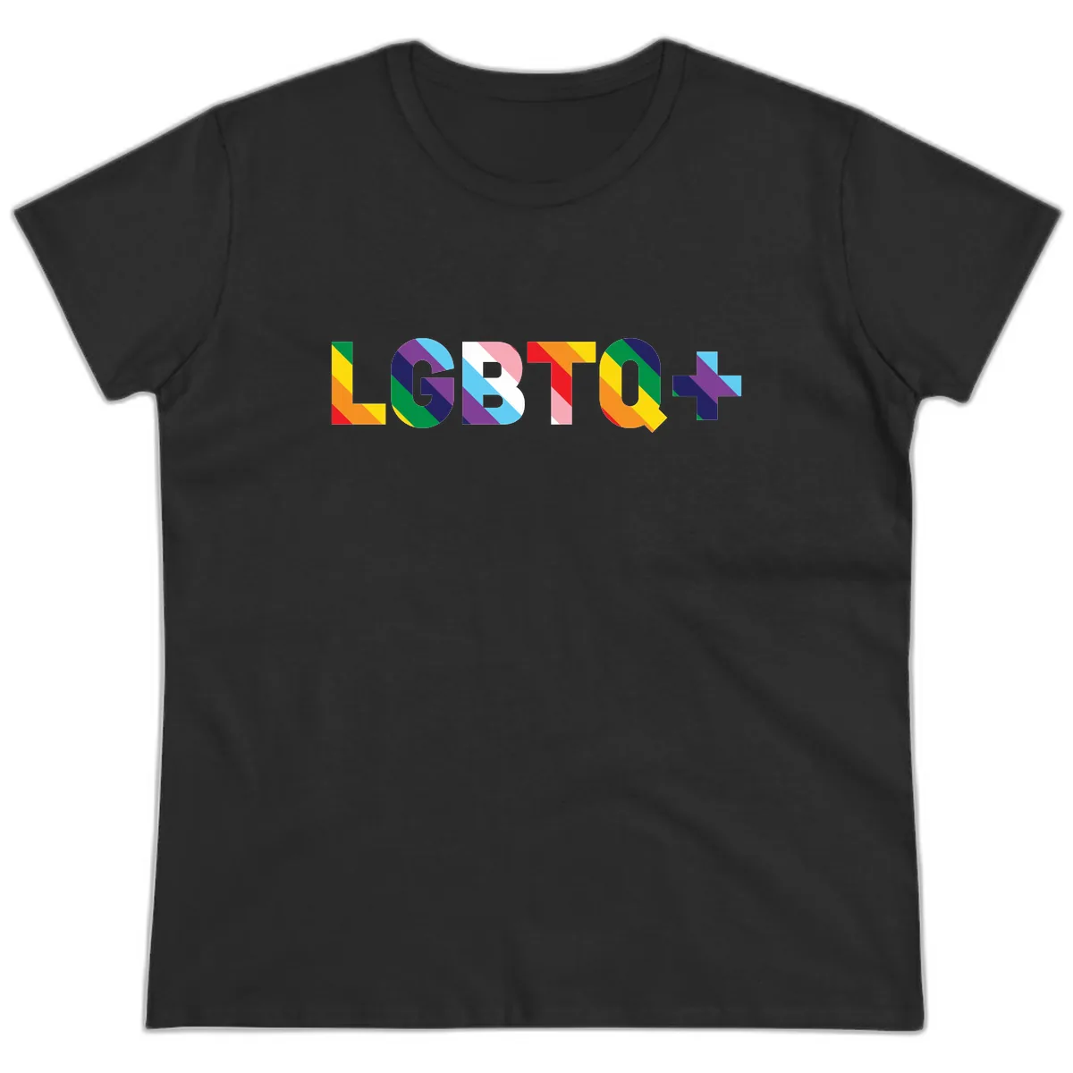 LGBTQ+ Pride Letters Colorful Design Ladies Tee in Black