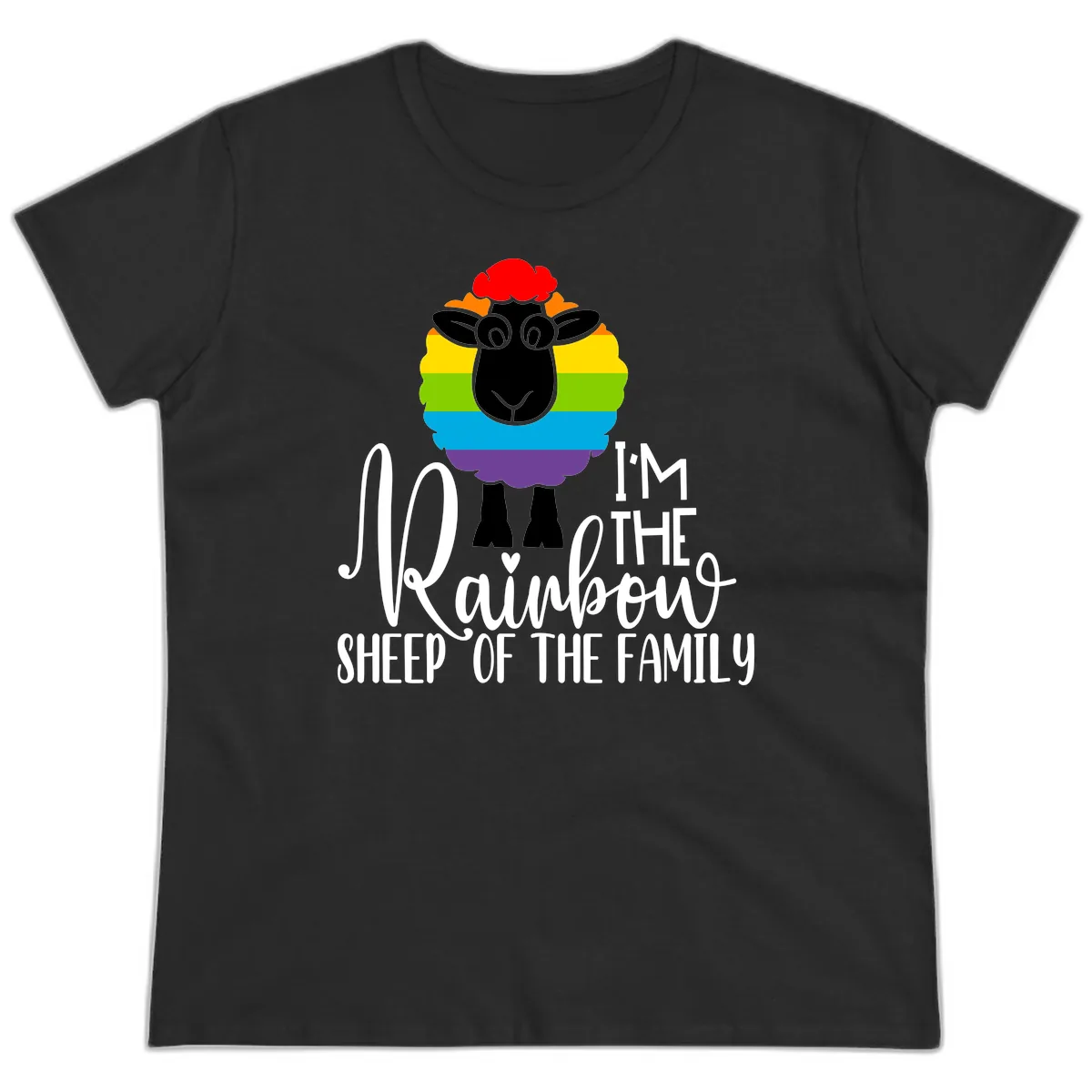 Rainbow Sheep Of The Family Ladies Tee in Black