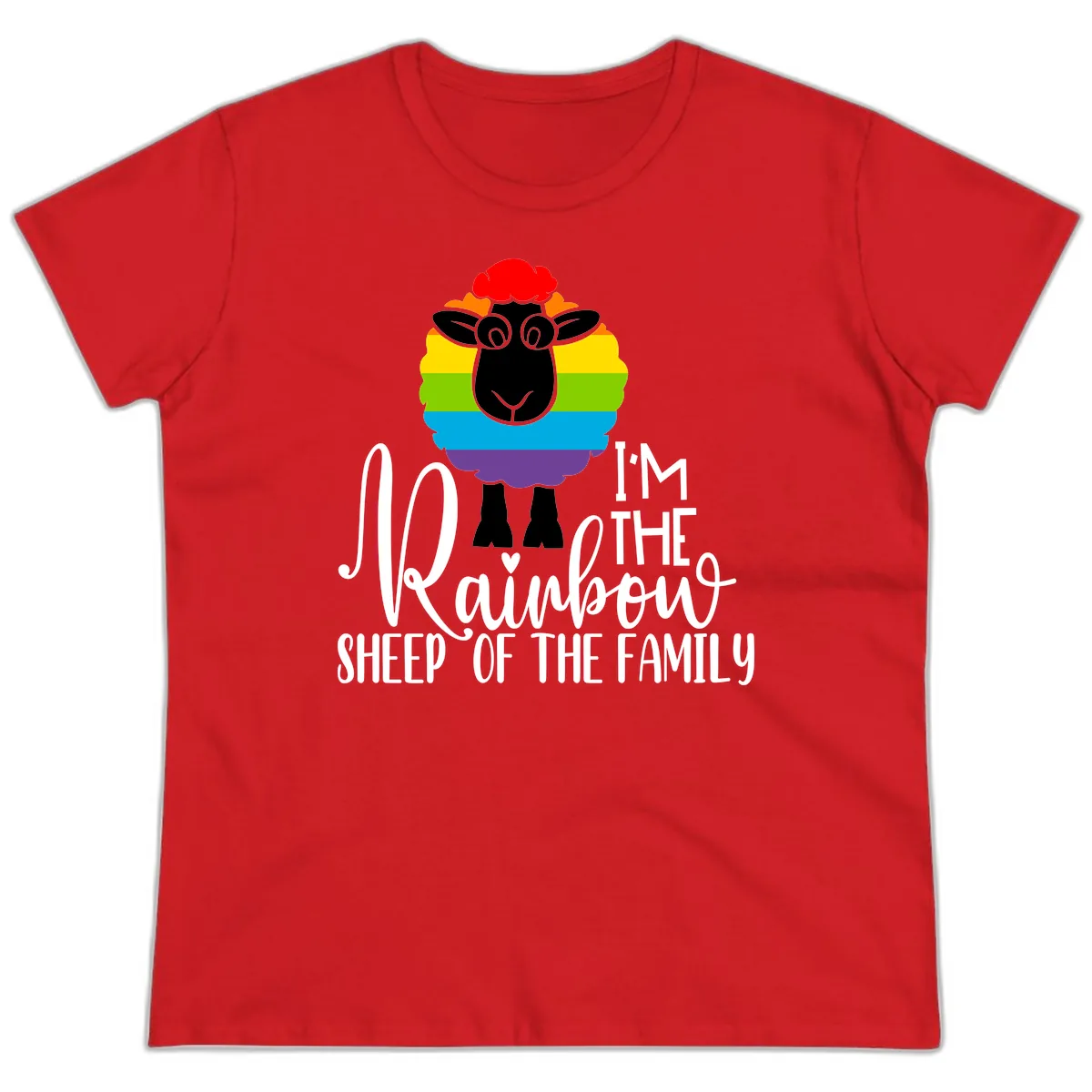 Rainbow Sheep Of The Family Ladies Tee in Red