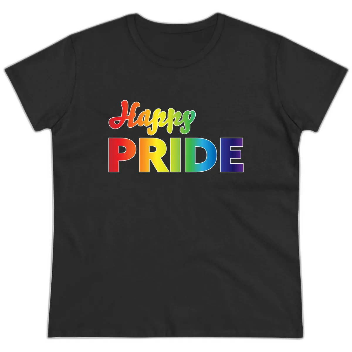 Happy Pride Rainbow Text Design Ladies Tee in Black