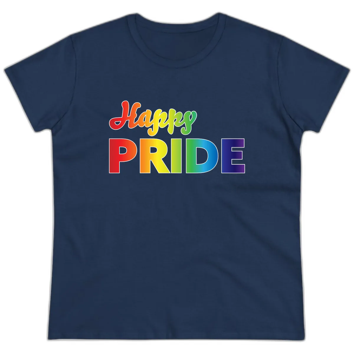 Happy Pride Rainbow Text Design Ladies Tee in Navy