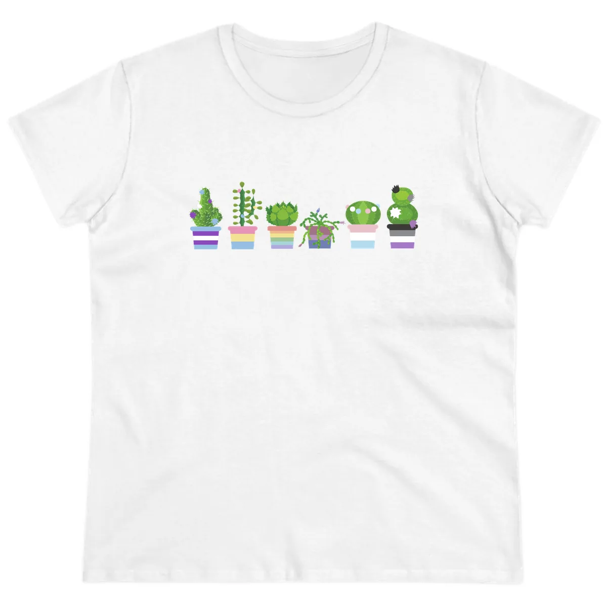 Rainbow Potted Cacti Garden Ladies Tee in White
