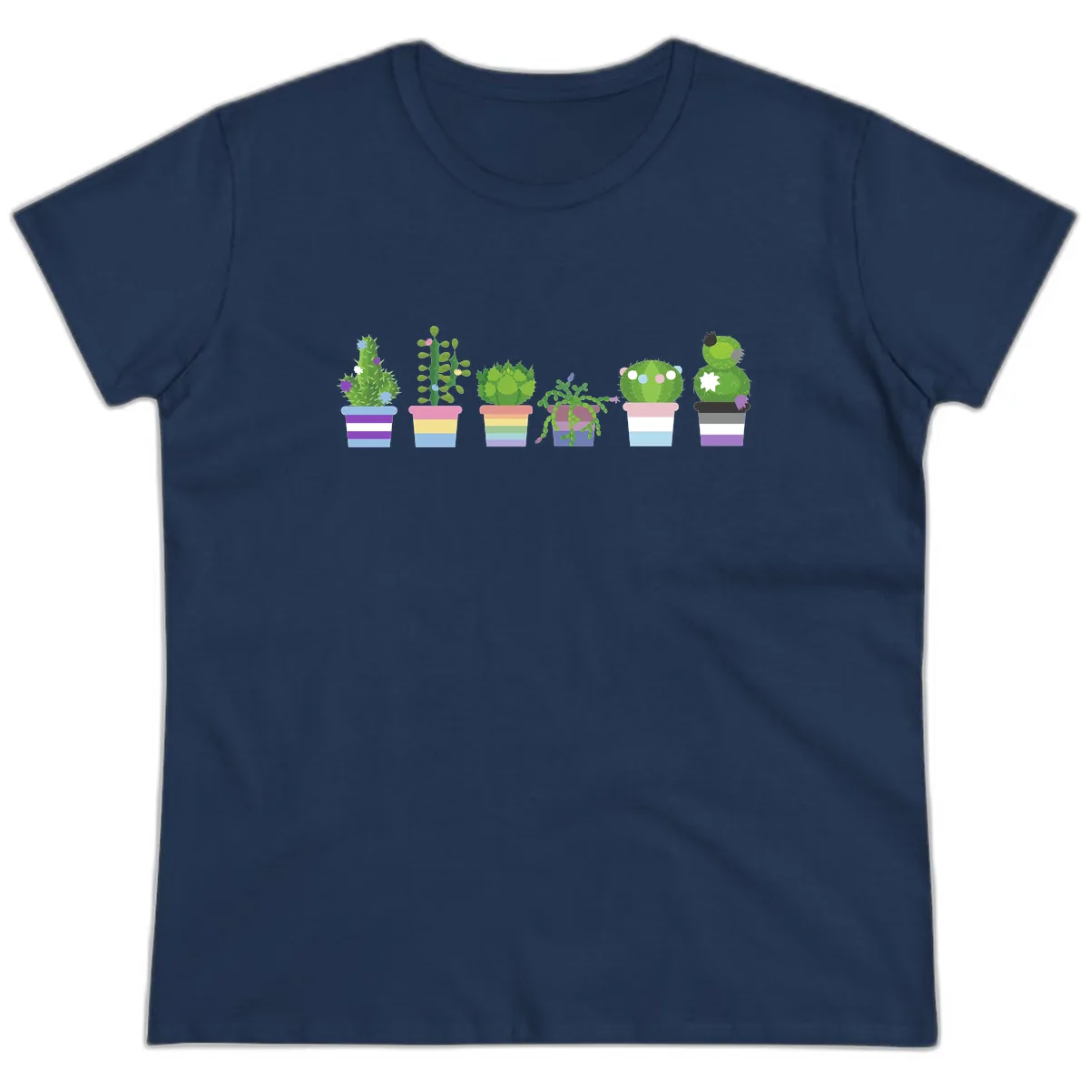 Rainbow Potted Cacti Garden Ladies Tee in Navy