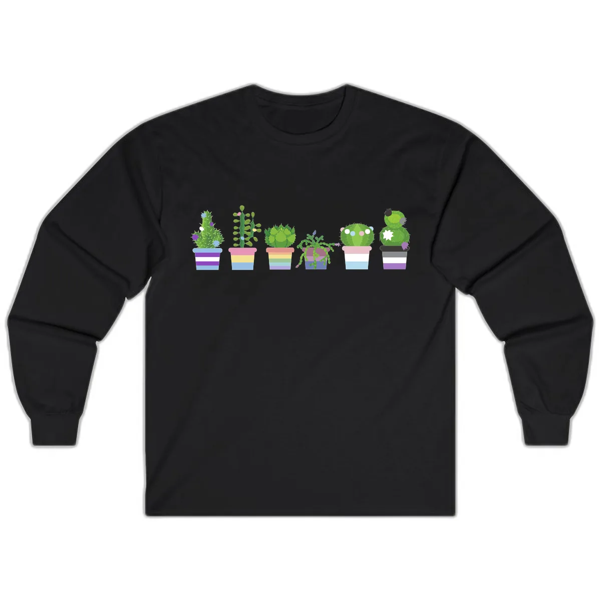 Rainbow Potted Cacti Garden Long Sleeve in Black