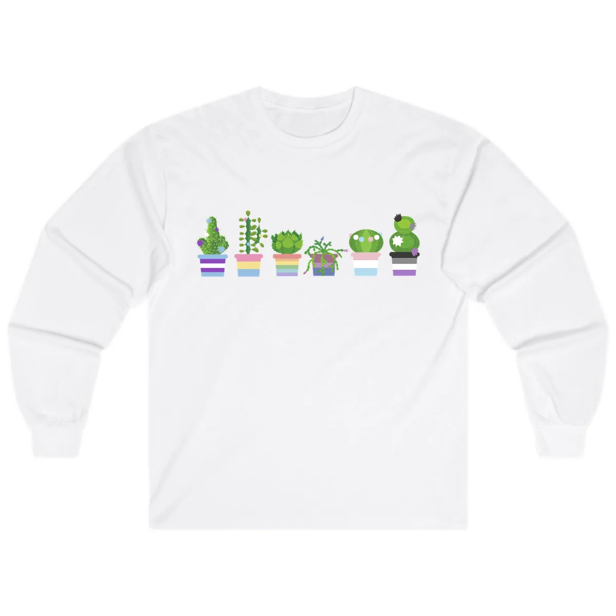 Rainbow Potted Cacti Garden Long Sleeve in White