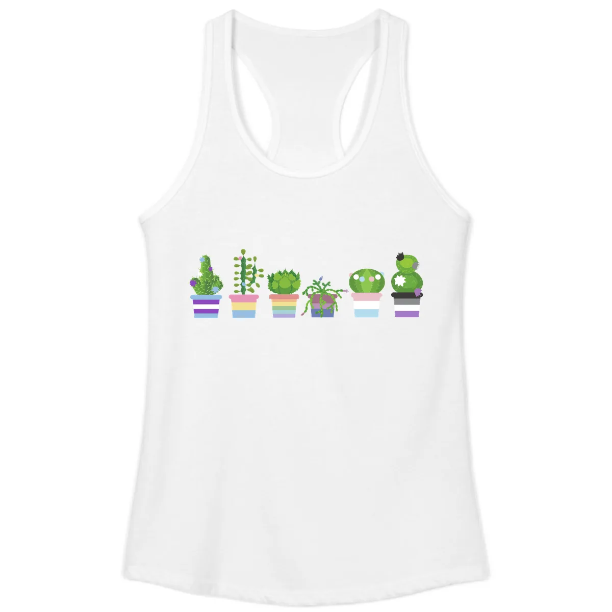 Rainbow Potted Cacti Garden Ladies Tank in White