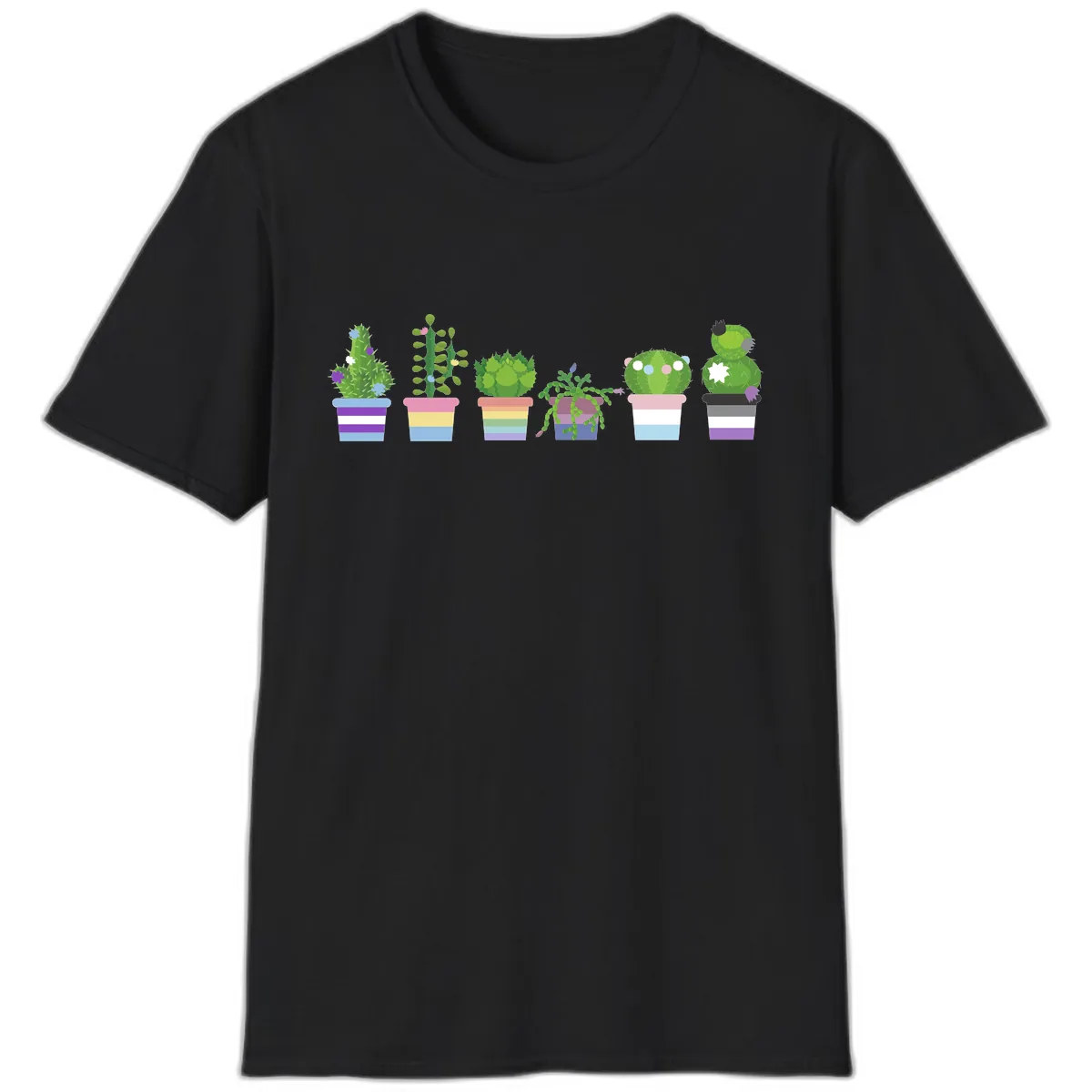 Rainbow Potted Cacti Garden T-Shirt in Black