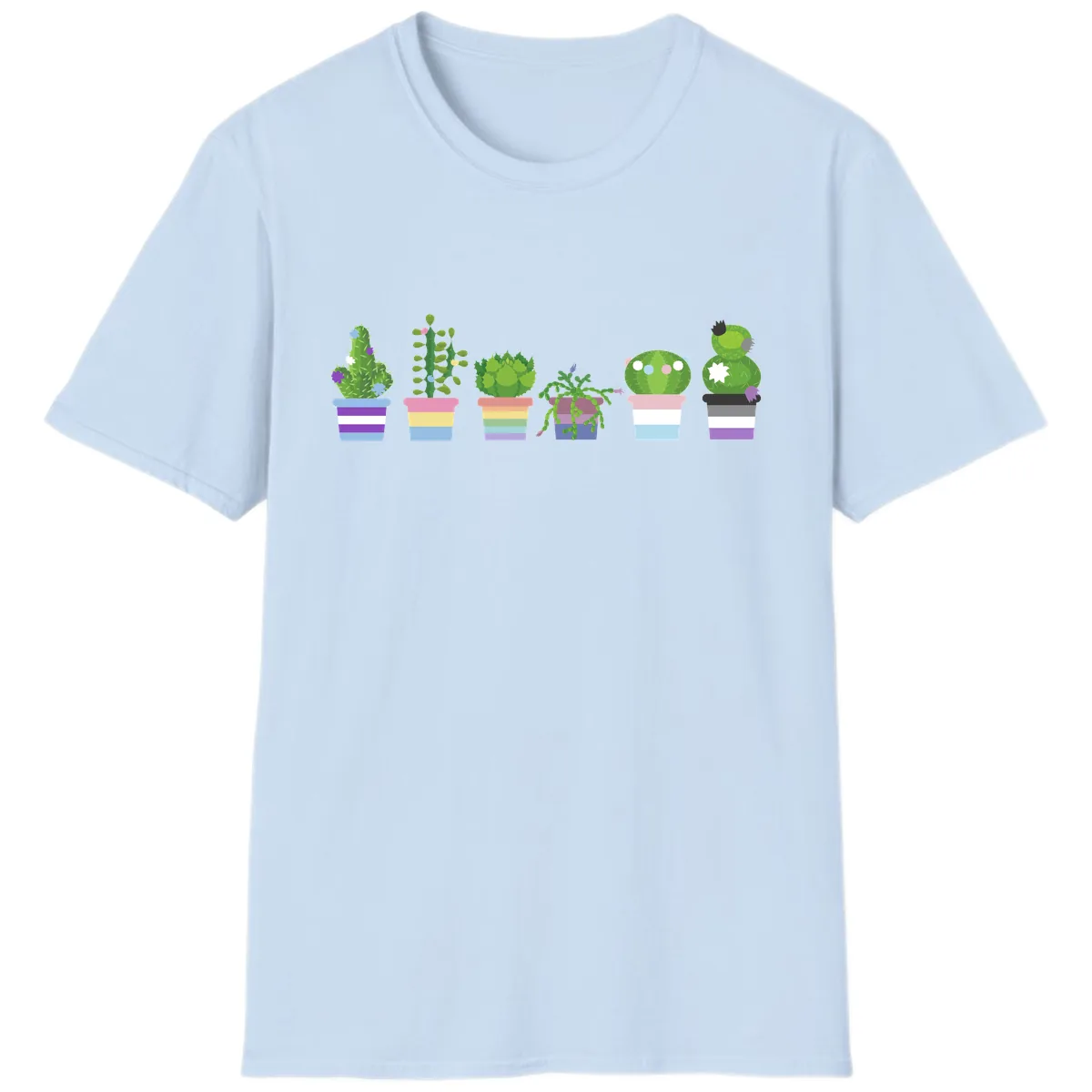 Rainbow Potted Cacti Garden T-Shirt in Light Blue