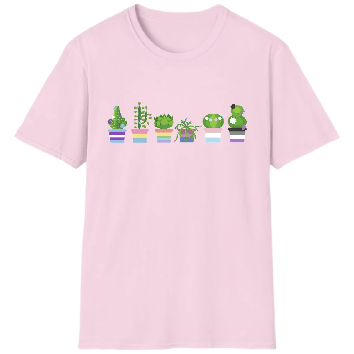 Rainbow Potted Cacti Garden T-Shirt in Light Pink
