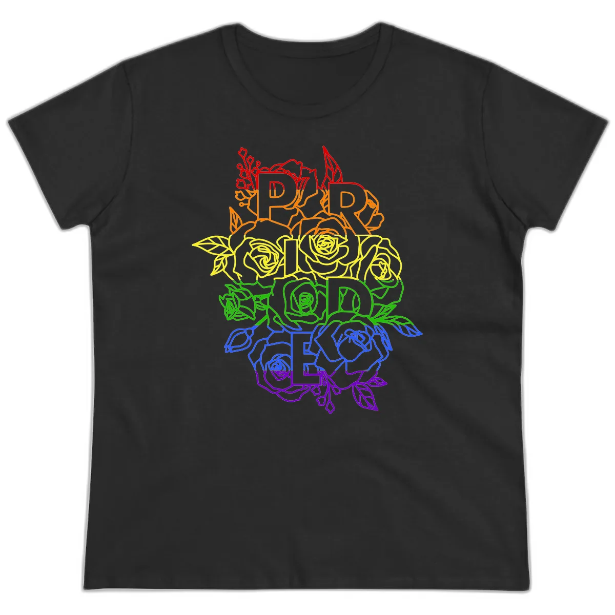 Pride Rainbow Floral Stacked Text Ladies Tee in Black