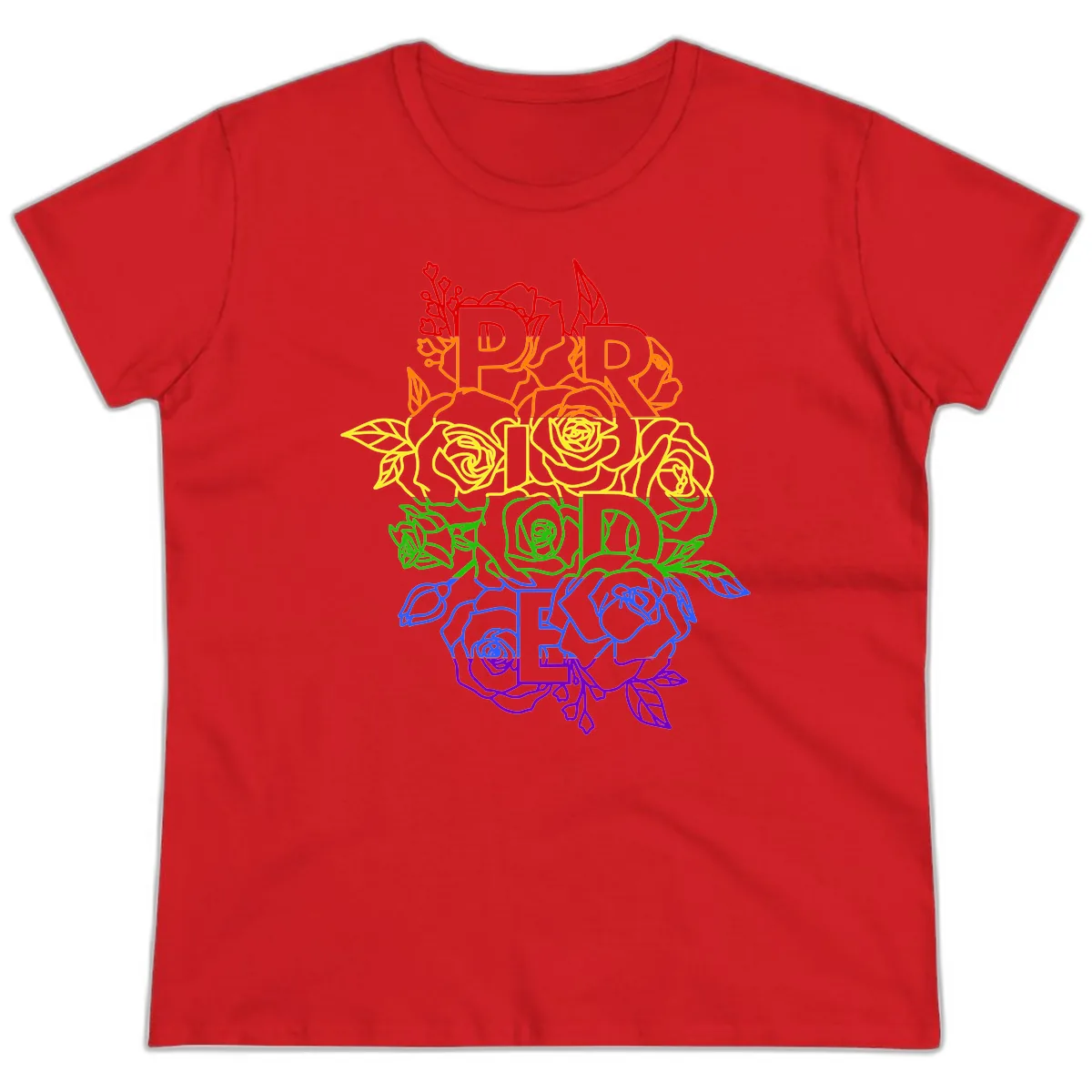 Pride Rainbow Floral Stacked Text Ladies Tee in Red