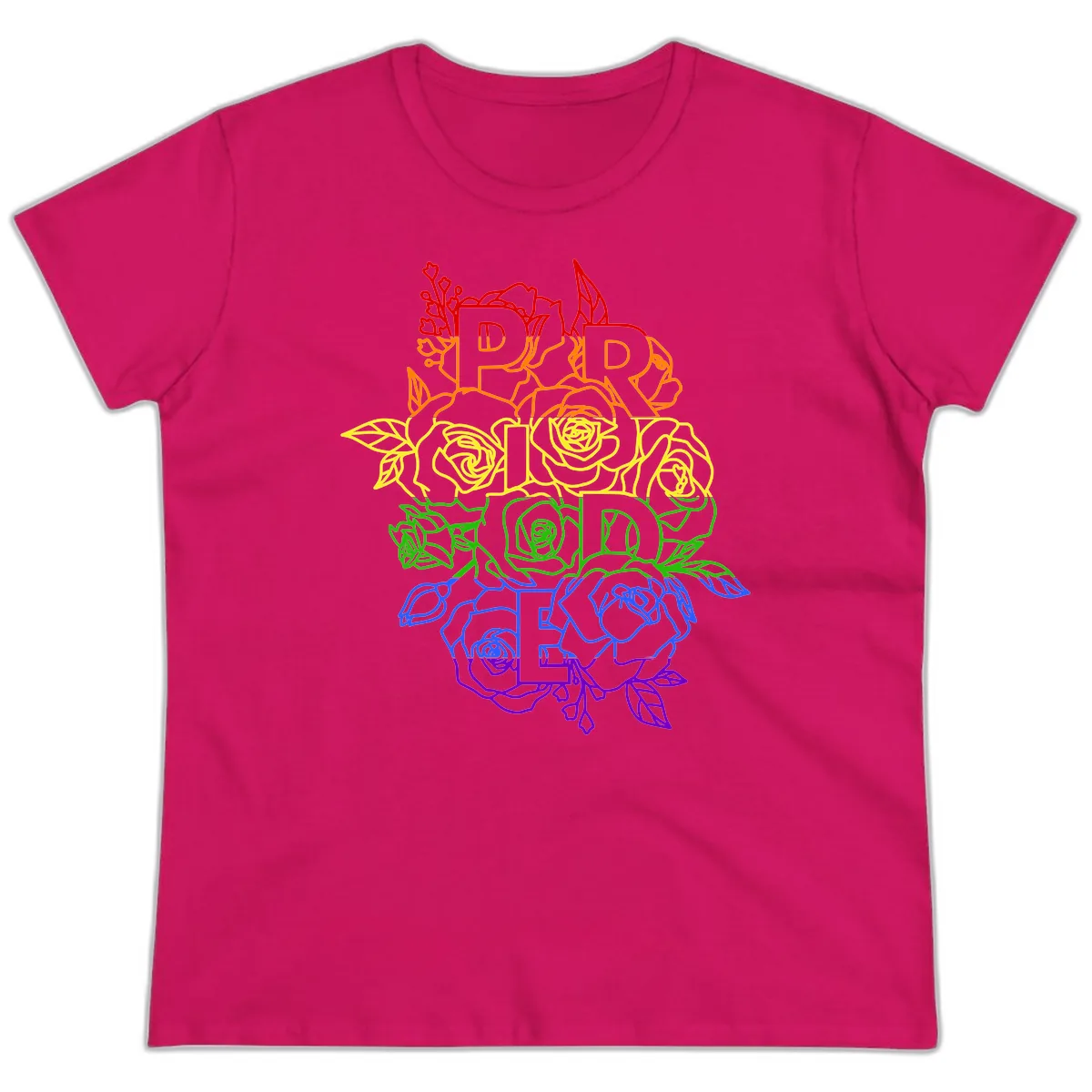 Pride Rainbow Floral Stacked Text Ladies Tee in Heliconia