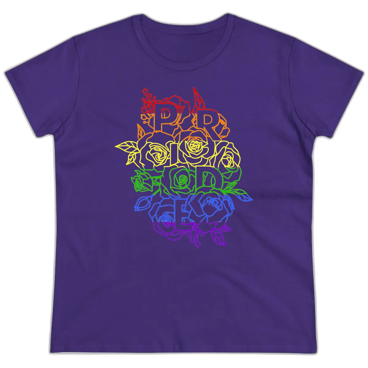Pride Rainbow Floral Stacked Text Ladies Tee in Purple