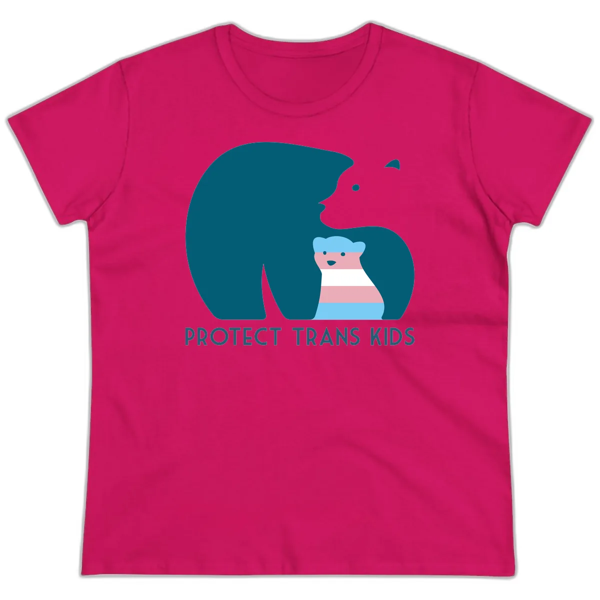 Protect Trans Kids Bear Ladies Tee in Heliconia