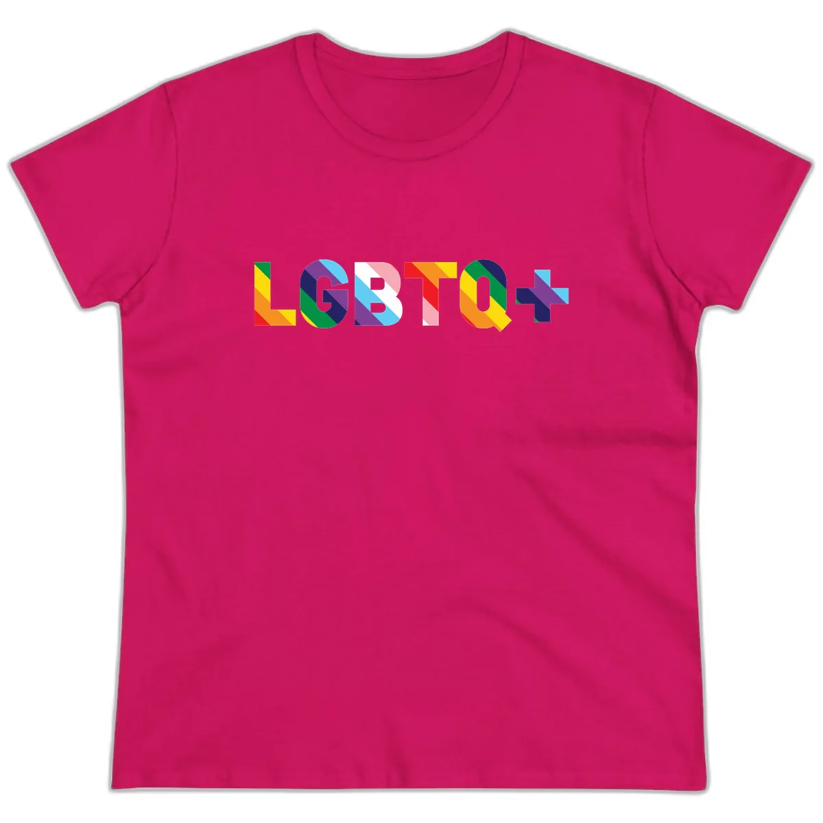 LGBTQ+ Pride Letters Colorful Design Ladies Tee in Heliconia