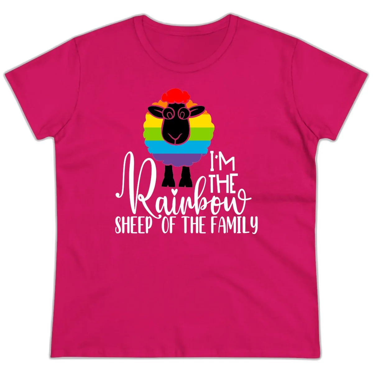 Rainbow Sheep Of The Family Ladies Tee in Heliconia