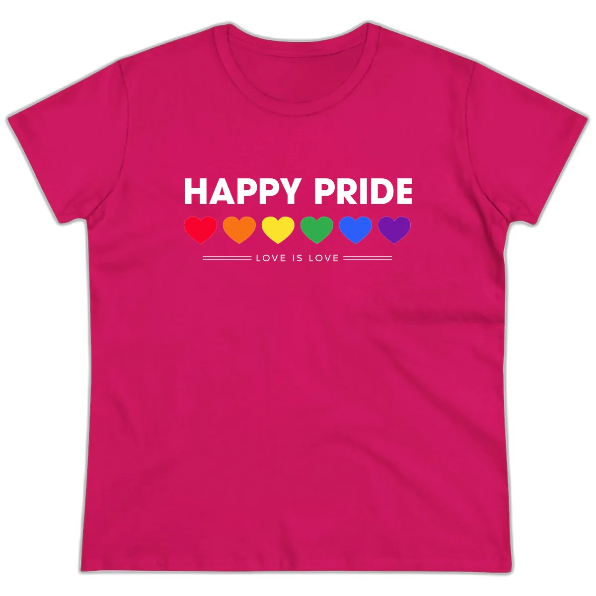 Happy Pride Love Is Love Ladies Tee in Heliconia