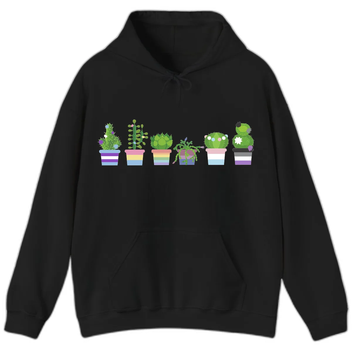 Rainbow Potted Cacti Garden Hoodie in Black