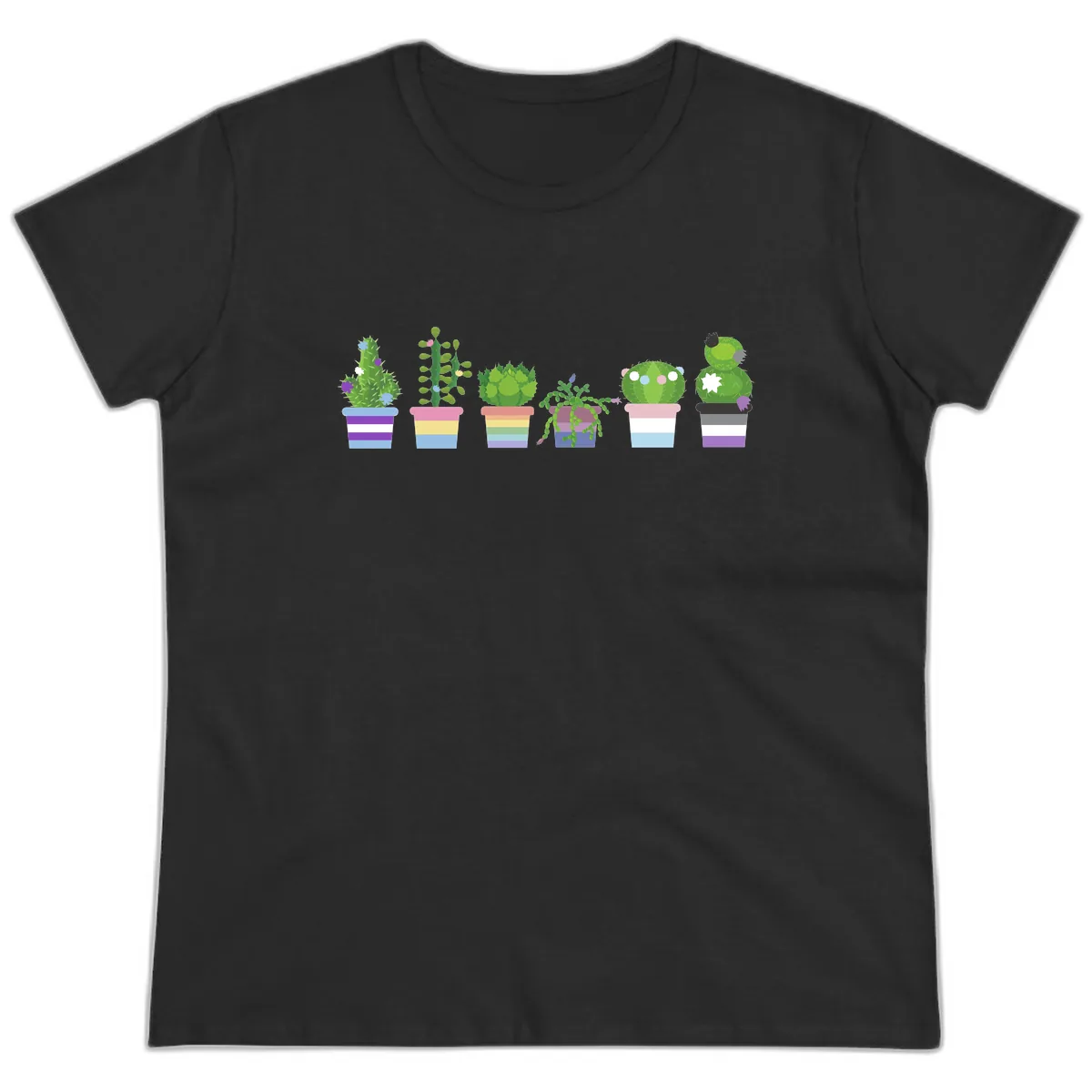 Rainbow Potted Cacti Garden Ladies Tee in Black