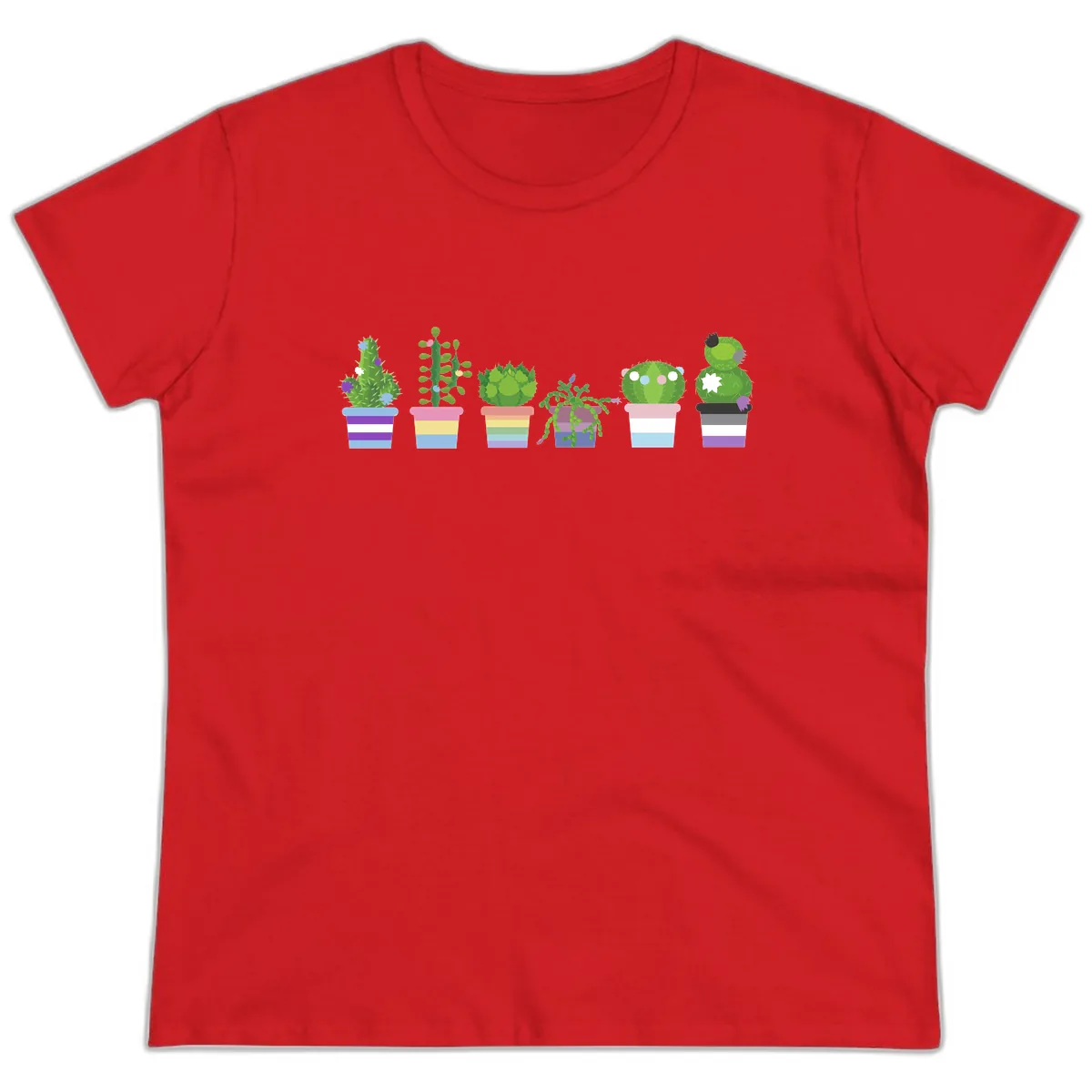 Rainbow Potted Cacti Garden Ladies Tee in Red