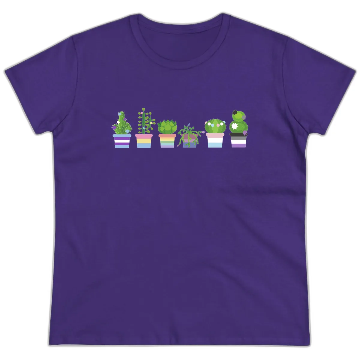 Rainbow Potted Cacti Garden Ladies Tee in Purple