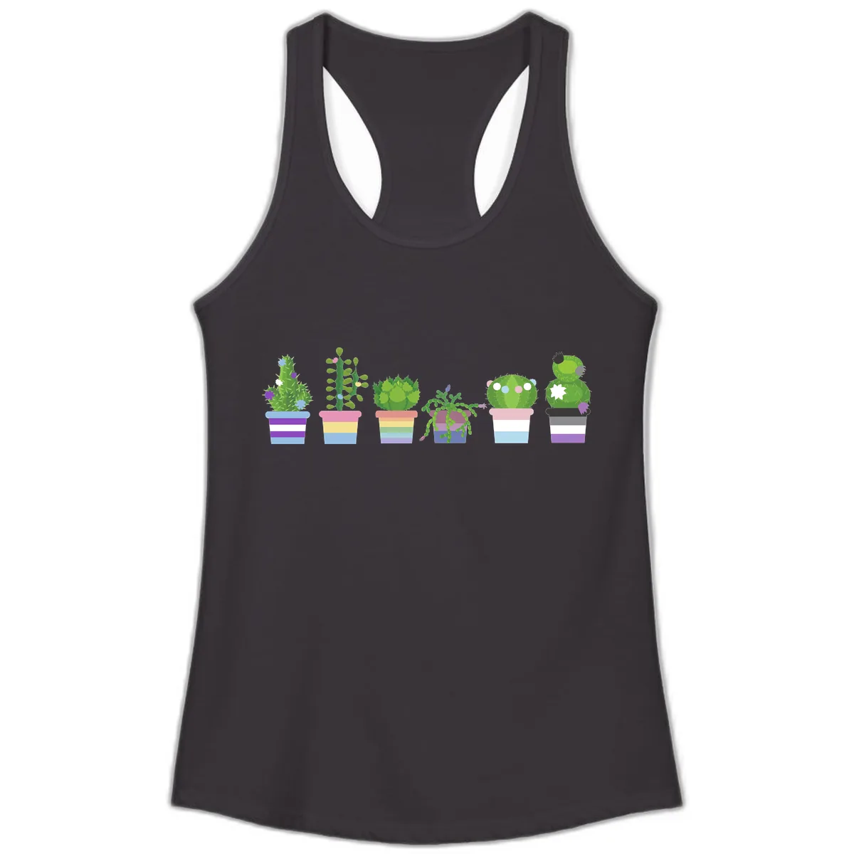 Rainbow Potted Cacti Garden Ladies Tank in Black