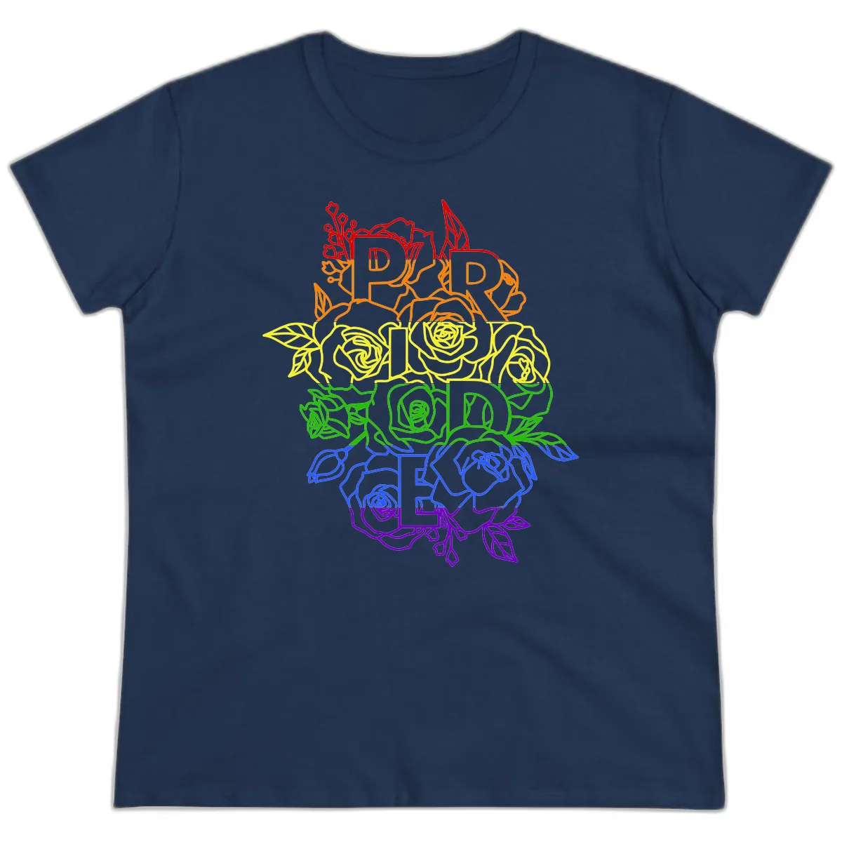 Pride Rainbow Floral Typography Ladies Tee in Navy