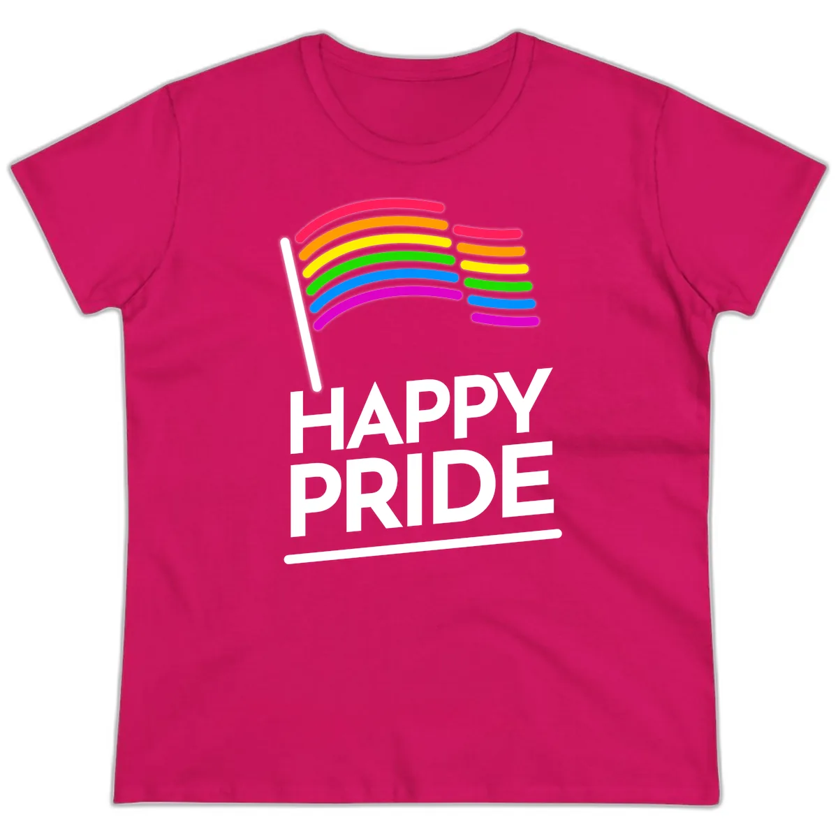 Happy Pride Rainbow Flag Ladies Tee in Heliconia