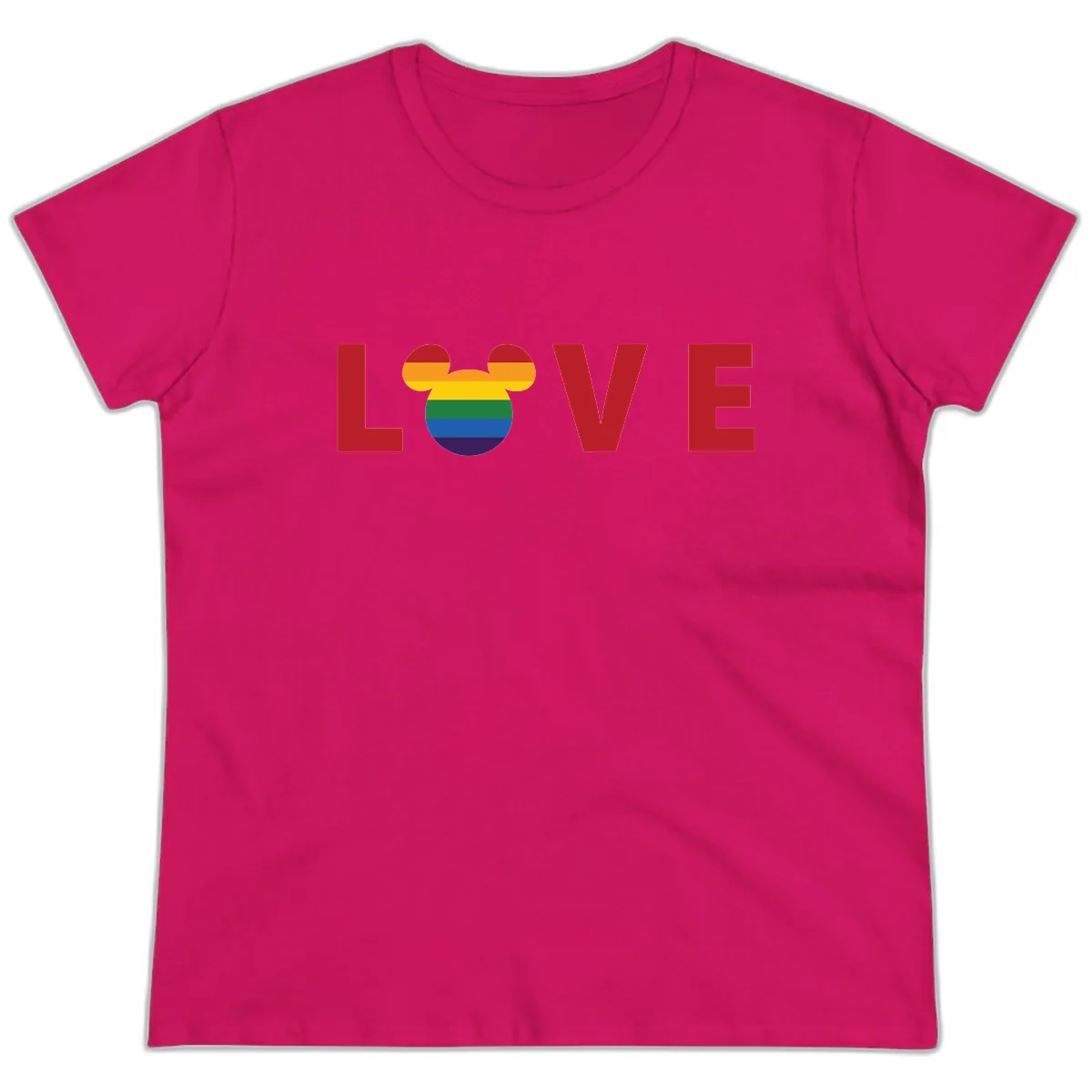Love Pride Mouse Ears Ladies Tee in Heliconia