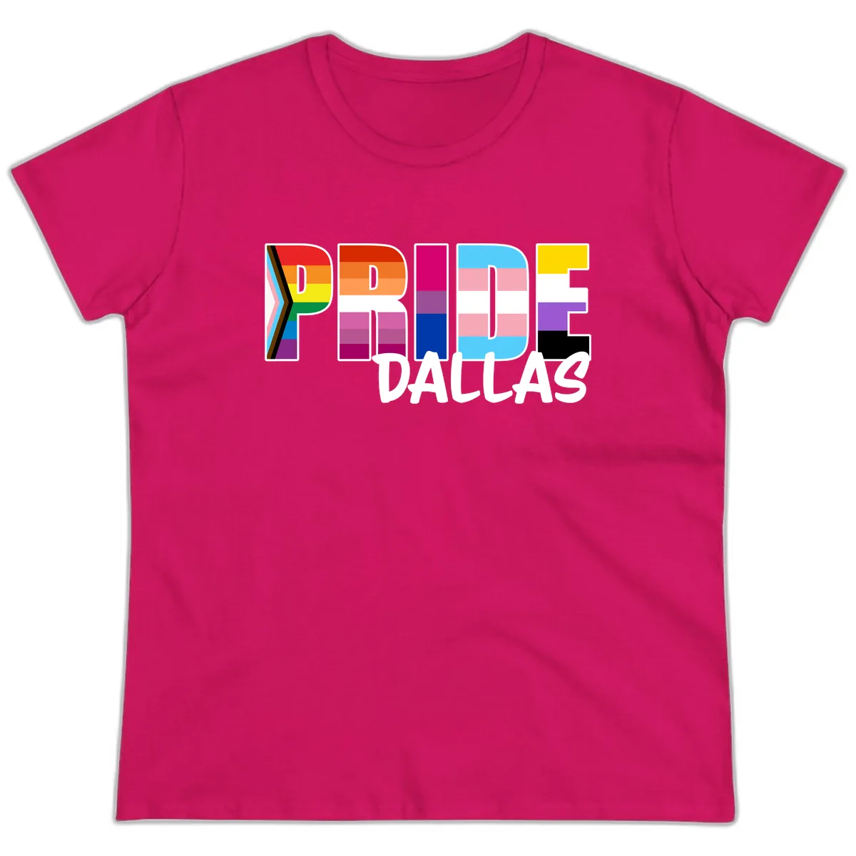 Pride Dallas Colorful Letters Ladies Tee in Heliconia
