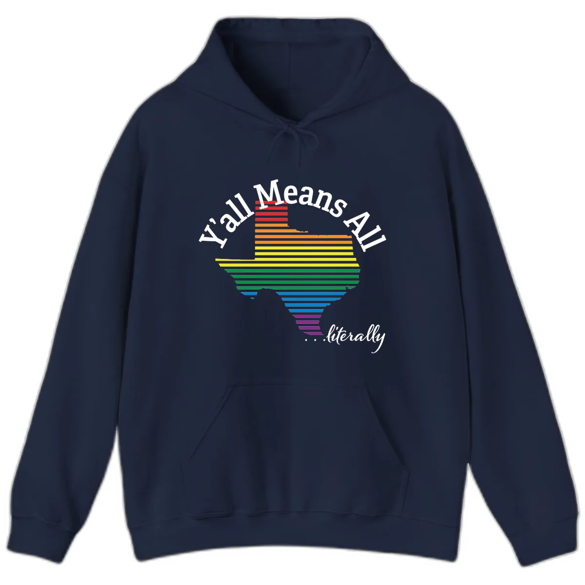 Y'all Means All Rainbow Funnel Hoodie in Navy