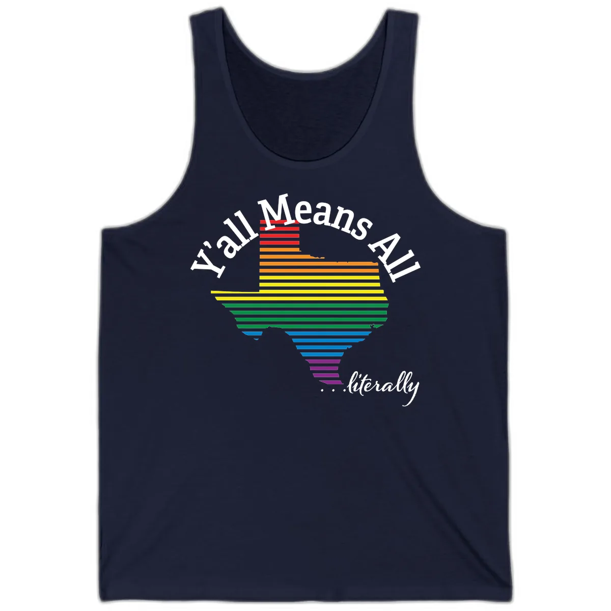 Y'all Means All Rainbow Funnel Tank in Navy